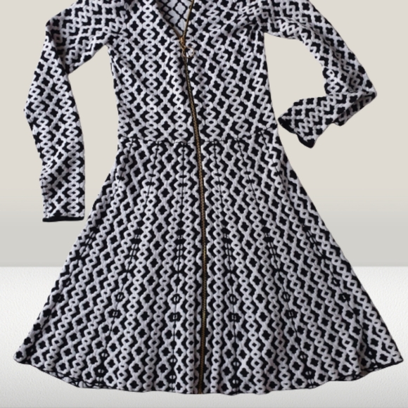 INC Wm Black & White Geometric Sweater Fit & Flare A-Line Dress w/ V-Neck Zip Sm - Picture 13 of 16